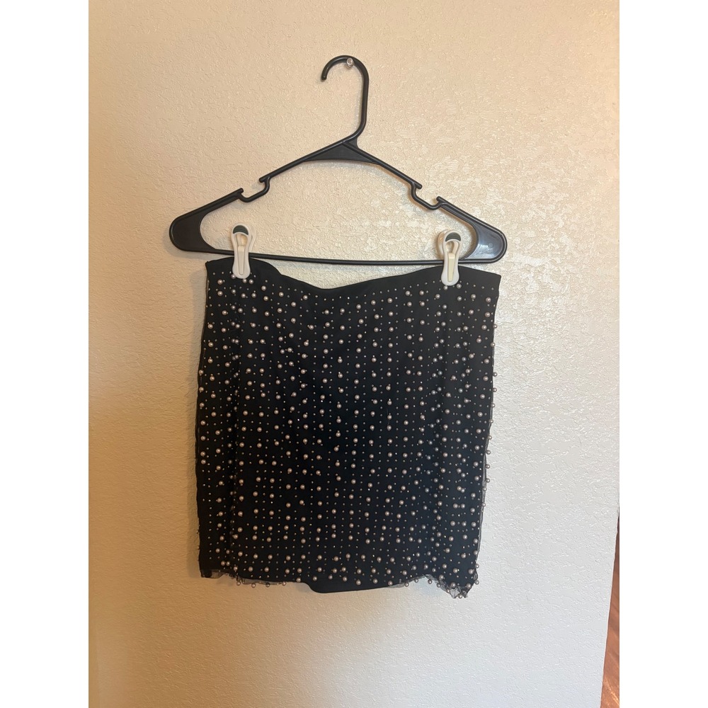 Haute Monde Black Mesh Overlay Pearl Rhinestone Embellished Mini Skirt XL Party